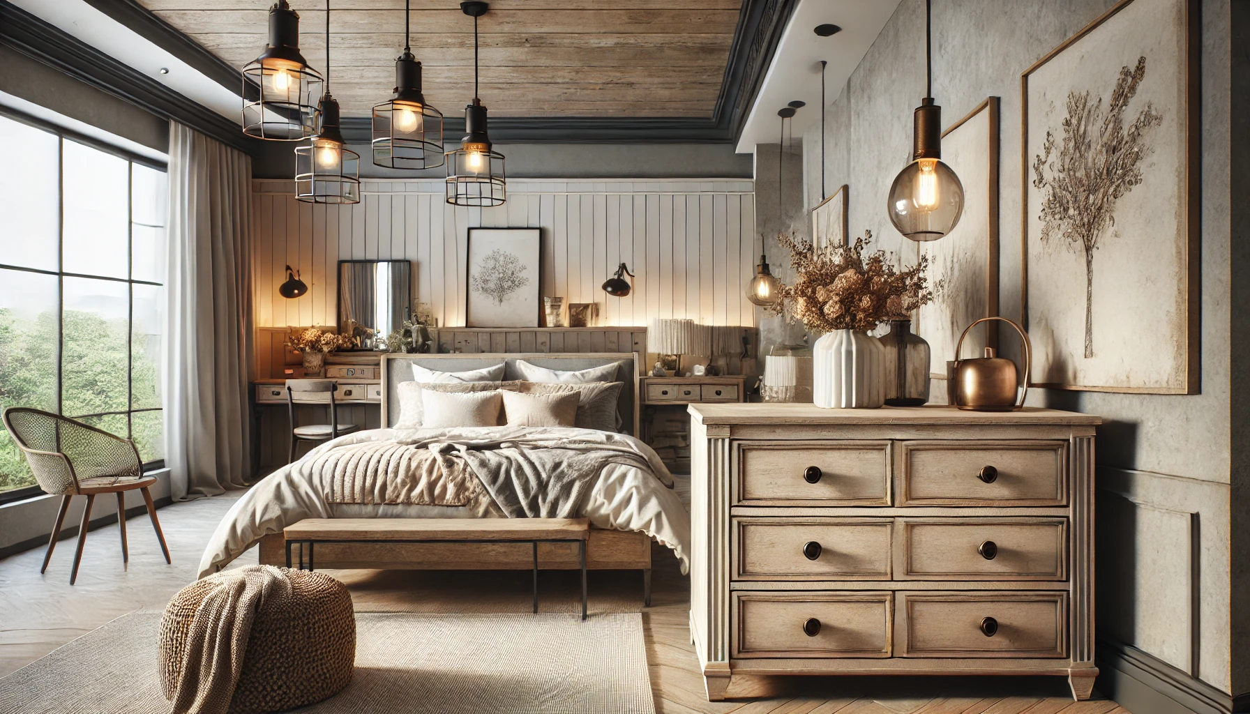 Here Is The Image Of The Modern Farmhouse Bedroom Featuring A Sleek Dresser, Vintage D&eacute;cor, Industrial Style Lighting, Rustic Wooden Furniture, And Minimalist Bedding With Soft Tones.