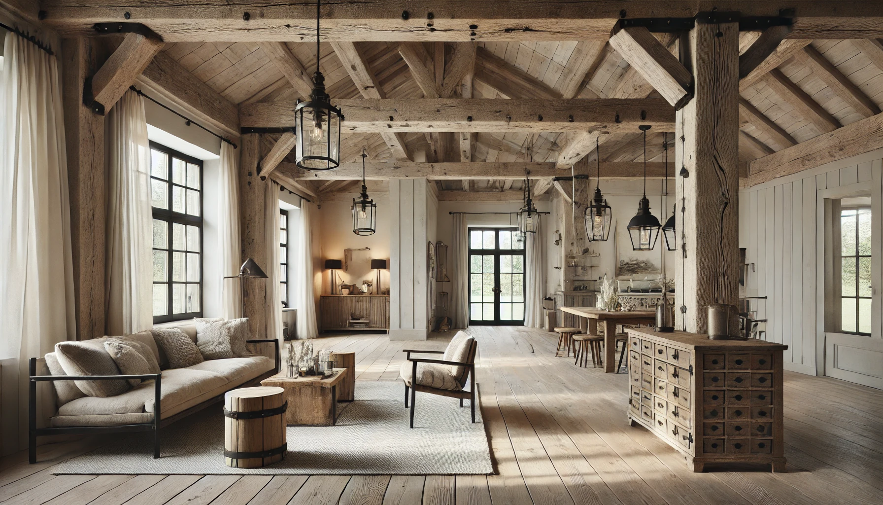 Beautiful Farmhouse Interior Combining Old World Charm With Modern Elegance, Featuring Reclaimed Wooden Beams, Industrial Style Lighting, And Minimalist D&eacute;cor.