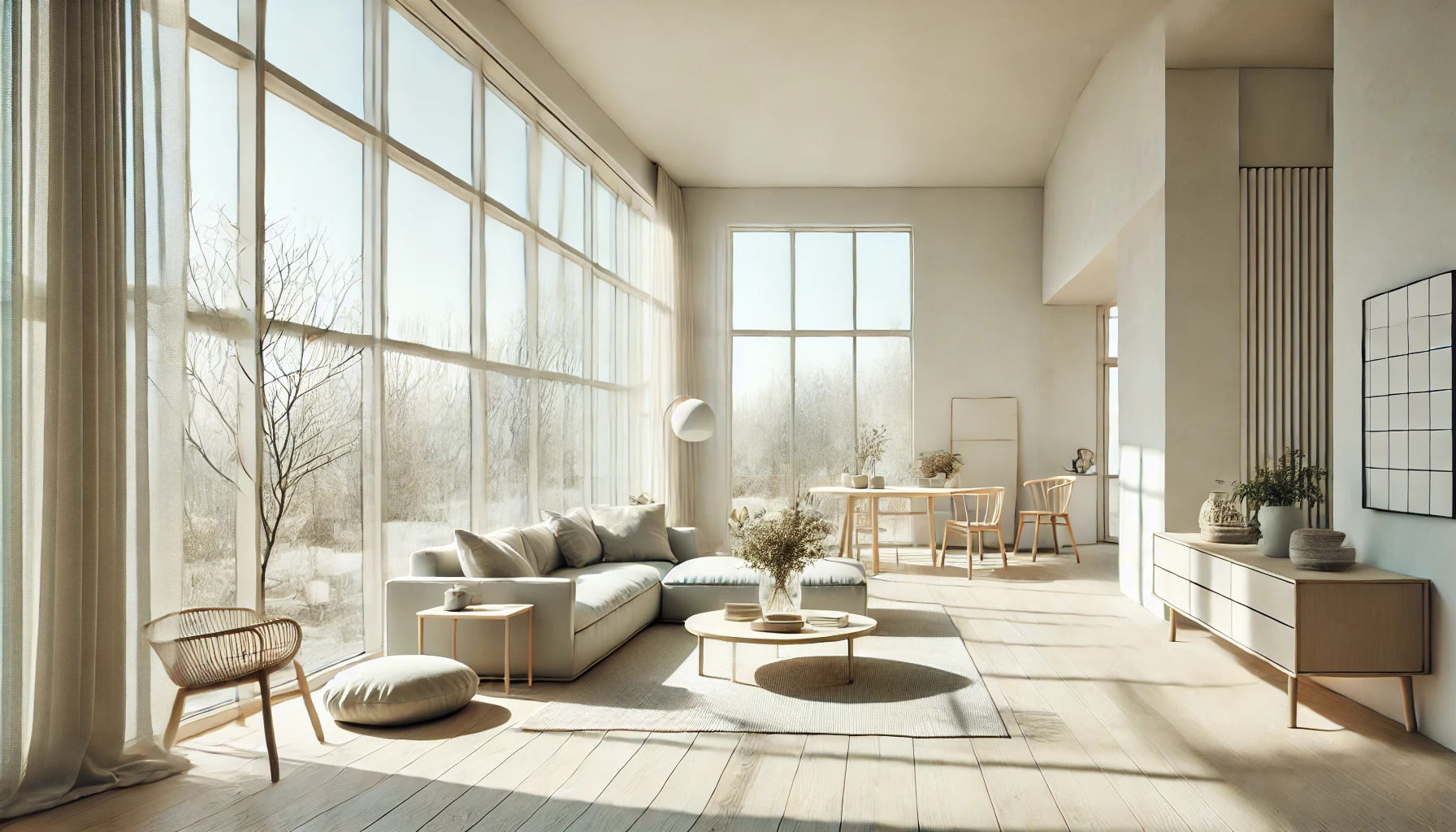Bright, Airy Scandinavian Home Interior Featuring Floor To Ceiling Windows, Light Colored Walls, And Minimalist Decor.