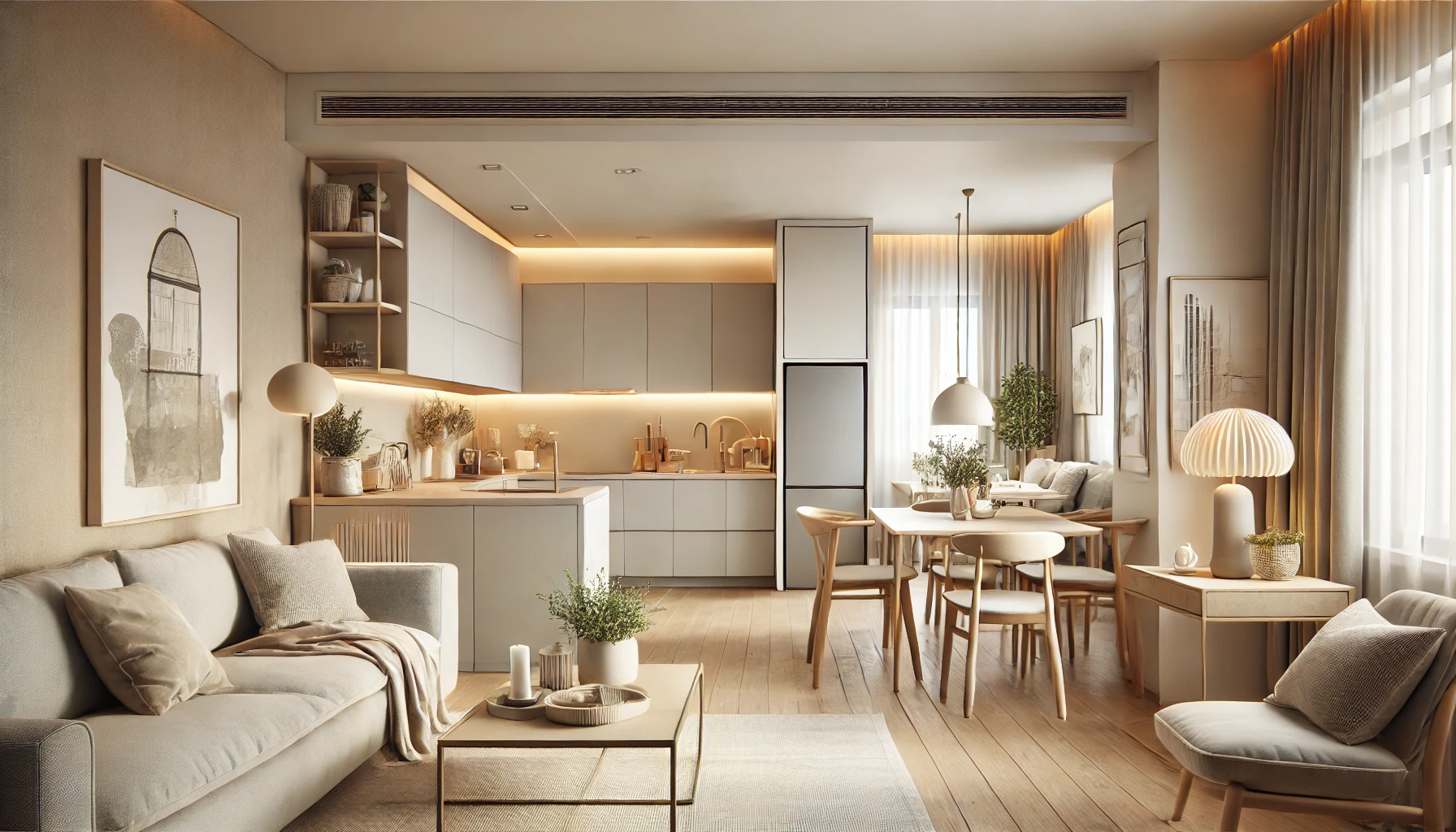 Cozy, Modern Open Floor Plan Design With A Seamless Blend Of Kitchen, Dining, And Living Spaces, Featuring Neutral Tones And Minimalist D&eacute;cor.
