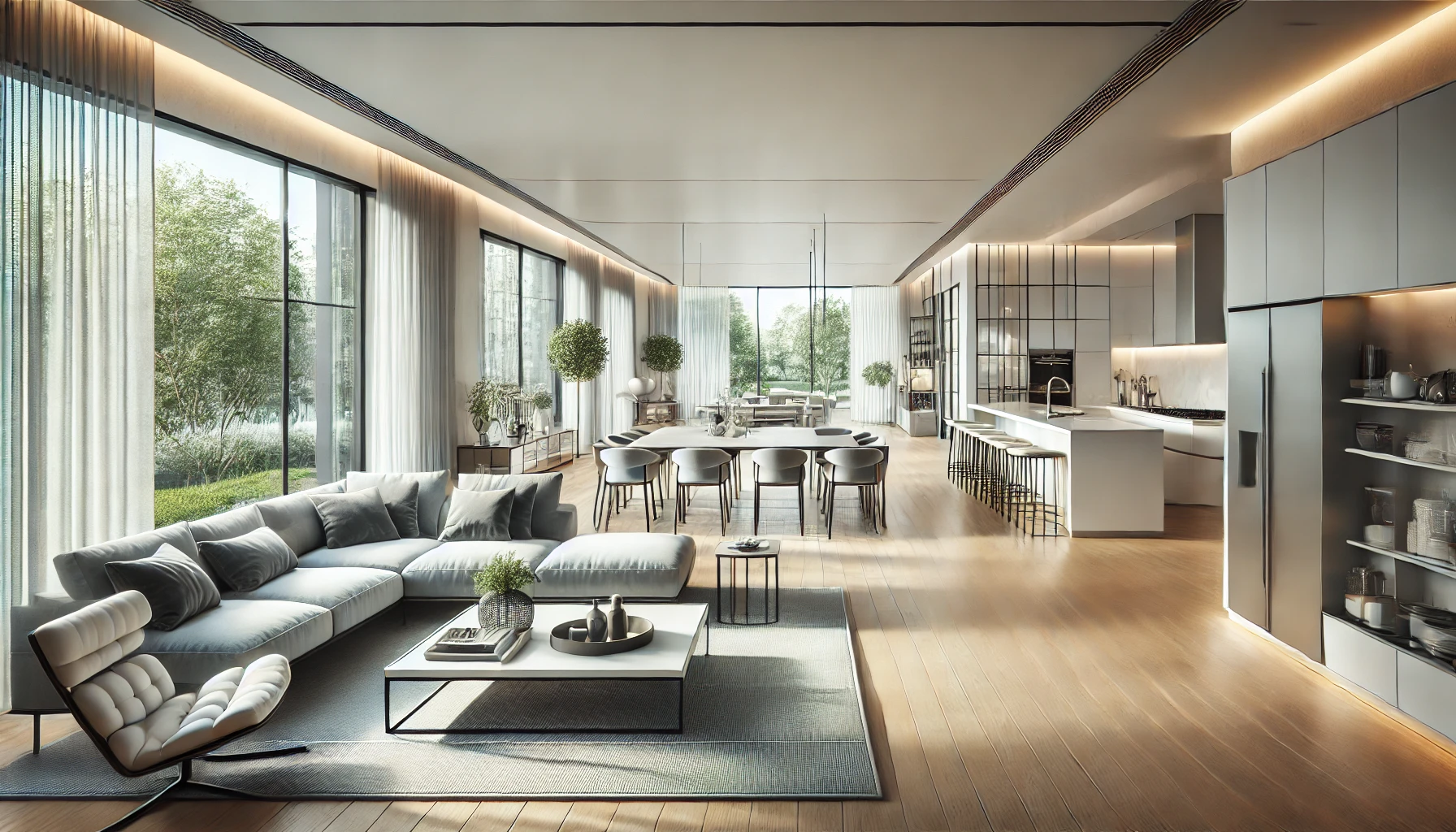 Spacious Open Floor Plan With The Kitchen, Dining, And Living Areas Connected, Allowing Natural Light To Flow Throughout. It Features Elegant Modern Furnishings And D&eacute;cor.